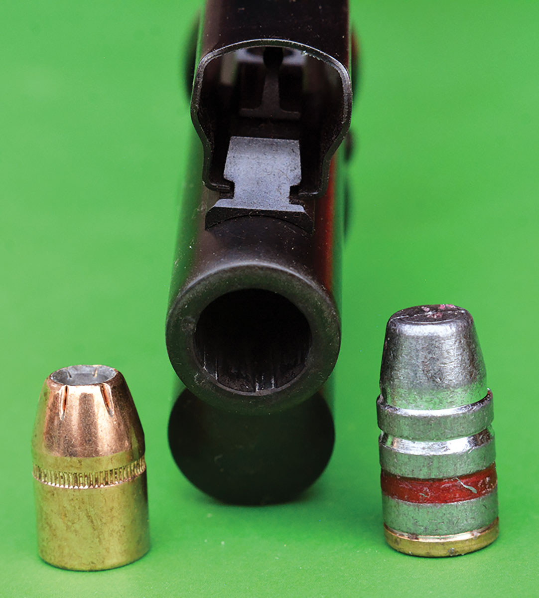 The 44 Magnum is considered a big-bore cartridge and offers notably different performance with JHP-style bullets such as the Hornady 240-grain XTP (left) that is hugely popular with whitetail deer hunters and the Rim Rock 295-grain SWC with gas check (right).